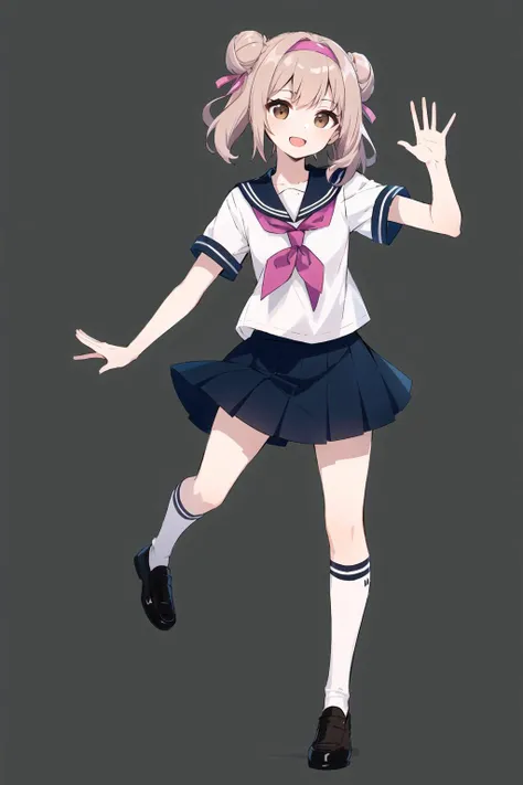 rating:safe, 1girl, solo, skirt, school uniform, double bun, white legwear, brown hair, simple background, shoes, kneehighs, white background, open mouth, hair bun, full body, brown eyes, serafuku, standing, sailor collar, pleated skirt, uwabaki, smile, hand on hip, shirt, short sleeves, looking at viewer, blush, short hair, socks, waving, white shirt, black skirt, white footwear, blue sailor collar, hand up, :d, neckerchief, bow, blue skirt, black sailor collar, loafers, ribbon, hairband, bangs, collarbone, ,[Five fingers on one hand]