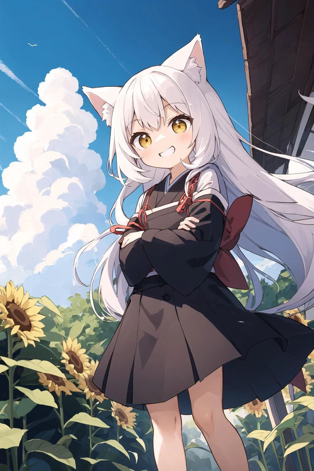 ((masterpiece)), (kawaii girl: 1.5), (black hear), (black fox ears), yellow eyes, (grin), very long hair, dark wear, Japanese school cloth, arms crossed, (brown skin: 1.2),
BREAK Kyoto, outdoor, (shoulder: 1.5), summer sky, cumulonimbus, sunflower,
BREAK wide shot, dynamic angle, wind, dynamic lighting, (fisheye lens), (watercolor: 1.5),