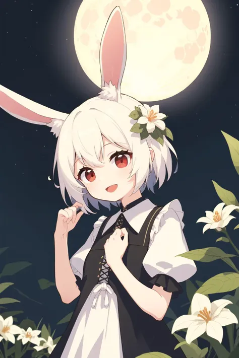 (masterpiece, best quality:1.2), illustration, absurdres, highres, extremely detailed, 1 petite girl, white short hair, rabbit ears, red eyes, eye highlights, dress, short puffy sleeves, frills, outdoors, flower, fluttering petals, upper body, (moon:1.2), night, depth of field, (:d:0.8),