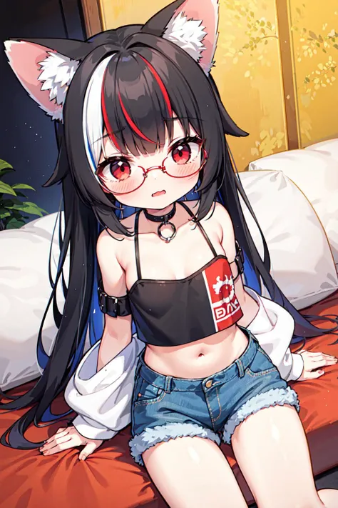 1girl, fox ears, black hair, streaked hair, long hair, red eyes, red glasses, denim shorts, crop top