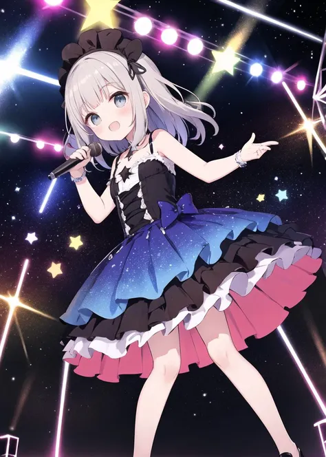 atelier sophie,(masterpiece:1.2),solo,half up hair,[:(dark brown skin:1.2):0.2],[(silver hair:1.2)::0.6],(shining star light eyes:1.2),cute kawaii idol costume,idol song pose,hand of mic,idol stage,(magical chaos:0.7),upper angle,(pastel color:1.2),crimson,colorful,white,fullbody,lovely smile,starlight,stardust,