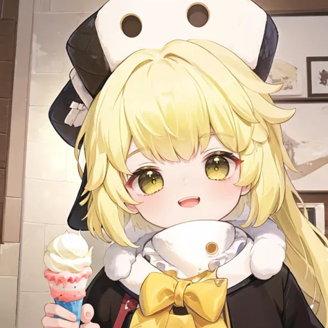 (best quality, masterpiece, official art, highres:1.2), extremely detailed CG unity 8k wallpaper, anime,anime screencap, 1girl, <lora:Hook-10:1>,1girl, blonde hair, yellow eyes, fur hat,smile,(eat ice cream),