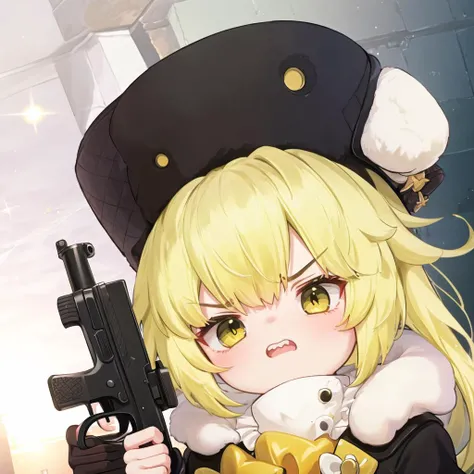 (best quality, masterpiece, official art, highres:1.2), extremely detailed CG unity 8k wallpaper, anime,anime screencap, 1girl, <lora:Hook-10:1>,1girl, blonde hair, yellow eyes, fur hat,(angry),hold a gun,