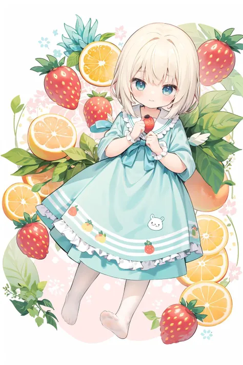best quality,(kawaii:1.1),(cute),(high resolution:1.2),incredibly absurdres:1.3,incredibly fine illustration, 1 girl, solo, (fruits:1.5), (dress:1.2), faint smile, (kawaii illustration:1.2), (fuwafuwa illustration:1.2), full body,dutch angle