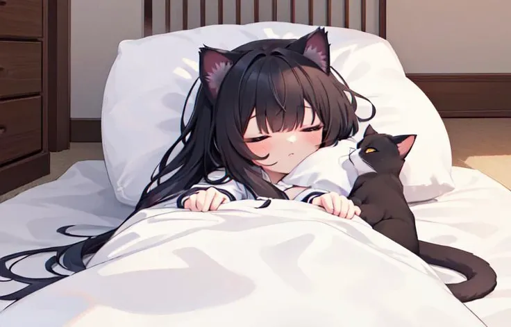 (ultra-detailed, best illustration, best shadow, masterpiece, high res, professional artwork, famous artwork), :>, 1girl, black hair,cat ears,kawaii,sleeping ,futon