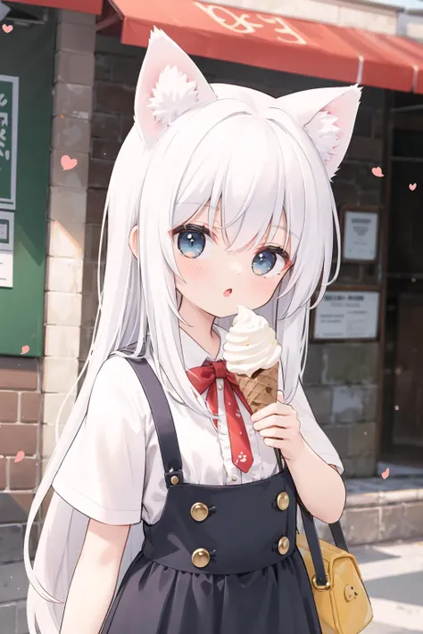 best quality, (cute), (high resolution:1.2), incredibly absurdres:1.3, incredibly fine illustration,1girl,solo,Silver-haired, long-haired, blue-eyed, cat-eared girl, holding an ice cream by one hand and eating it near by mouth, downtown, wearing a short-sleeved ruffled shirt,short height, cowboy shot,:o, ice cream blocking own mouth,