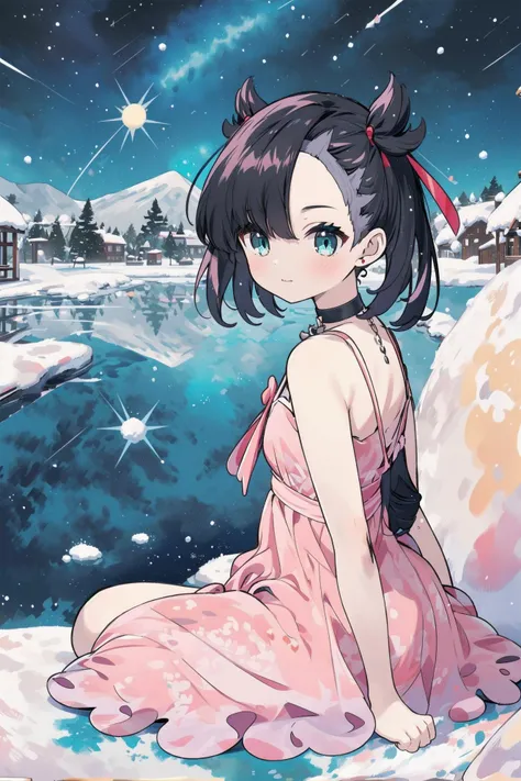 (((hmmarnie, aqua eyes, black choker, red ribbon, pink dress, jewelry)))The image is a masterpiece of the best quality, set in a winter snow field. It features a girl with short hair , sitting alone in the snow. She is looking directly at the viewer The scene is set against a backdrop of a clear sky, sun, mountains, forest, and a serene lake. The image is in absurd resolution, providing high detail and ultra-detailed elements.he girl adds additional details to the image, enhancing its beauty and elegance. Using the Lora style, which incorporates elements of anime-tarot-card-art, the image showcases a full-body view of the girl. The background is transformed into a starry sky, further enhancing the enchanting atmosphere. The overall design exudes a sense of craftsmanship, skill, and artistic flair.
<lora:add_detail:0.5> <lora:anime-tarot-card-art-style-lora-v3.1:0.7> <lora:marnie_v1:1>AGM,cozy anime,Japanese scene ,fleshiness, <lora:cozy anime_20230630155224:0.6> <lora:Japanese scene_202306091637,53:0.2> <lora:add_detail:0.1> <lora:20230529111514:0.2>