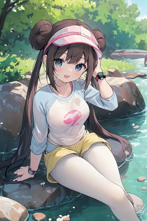 ((((ro1, hair bun, blue eyes, twintails, visor cap, pantyhose, raglan sleeves, yellow shorts, shirt, pink bow, wristwatch,smile,^_^)))),(masterpiece:1.2),1girl, green, full body,dense forests, creeks, rivers, excellent sunlight, a girl in exposed clothing sitting next to the river, with her feet extended into the river, moist skin, clean and transparent water, light tracing, and leaning sideways towards the audience,AGM,cozy anime,Japanese scene ,fleshiness<lora:rosa_(pokemon)_v10:0.7>, <lora:cozy anime_20230630155224:0.6> <lora:Japanese scene_202306091637,53:0.2> <lora:add_detail:0.1> <lora:20230527132514:0.2> <lora:20230529111514:0.2>