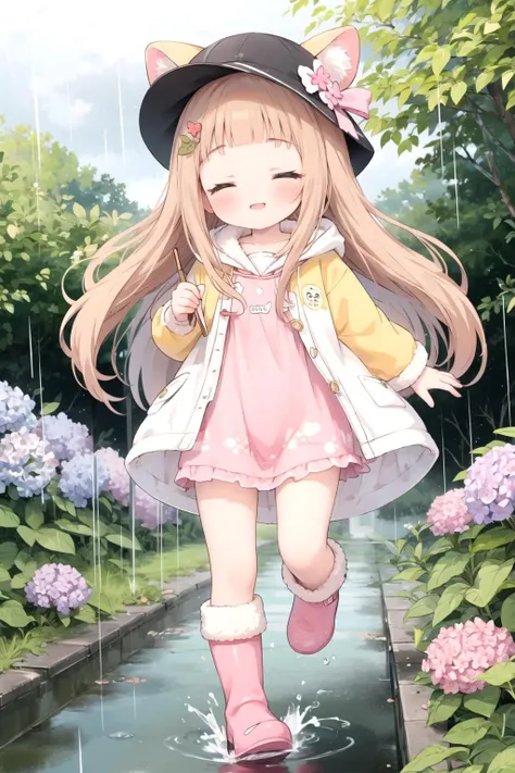 (masterpiece, best quality:1.1), 1girl, flat chest, Ichihara Nina, animal costume, orange eyes, <lora:u149-v4.0:0.85>, happy,
orange hair, outdoors, running, closed eyes, holding hat, animal hood, rainbow,raincoat,rubber boots,hydrangea,flower,boots,blush,hair ornament,teruterubouzu,very long hair,hood up,long sleeves,full body,footwear,pink flower,standing,leaf,food-themed hair ornament,hair bow,hair flower,rain
