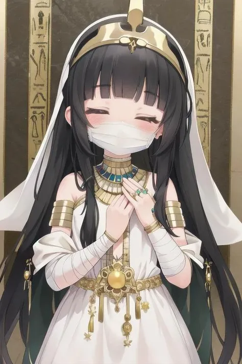 1girl, flat chest, arm bandages, bandages, black hair, blunt bangs, burial mask, closed eyes, death, egyptian headdress, egyptian jewelry, egyptian style, eye makeup, gold jewelry, hair jewelry, headband, headdress, jewelry, long hair, mummy, mummy wrap, pyramid, sarcophagus, solo, tomb, white clothing, white dress, white headdress, wrapped mummy, yellow eyes,, masterpiece, best quality, official art, extremely detailed CG unity 8k wallpaper, artbook, yuzu-soft, kobuichi, muririn, nice hands, perfect hands, <lyco:GoodHands-beta2:1>,