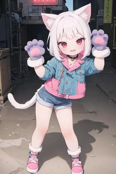 masterpiece,
an extremely cute and beautiful girl, highly detailed beautiful face and red eyes,(jean shoes:1.2)
cute, (evil smile:1.2), multicolored hair, very short hair, animal ears, wolf ears,child,
colorful jacket, neon colors, punk rock, shorts, piercing,
full body,  paw pose, (cat paw gloves:1.3)