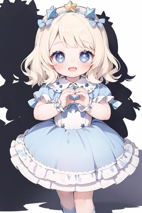 1girl,princess, (light blonde hair), light blue eyes, short bob , shiny hair, wavy hair, full-face blush,:D,heart shaped pupils,baby face ,twinkle in the eye, head ribbon ,star ribbon , frilled dress,long skirt,twinkle,adorable,angelic,idol (((item: star), shadow:1.5