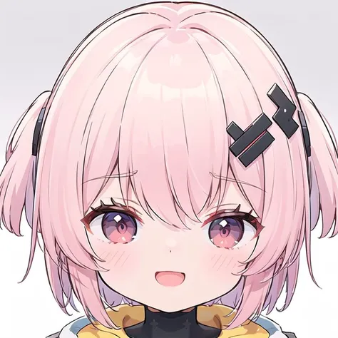 1girl, close-up, portrait, (chibi inset:1.2), (masterpiece, best quality),open mouth, smile, <lora:FUTIYA-1129-1:0.7> ,futiyaCB, white_jacket, bodysuit, hair_ornament, pink_hair, short_hair,