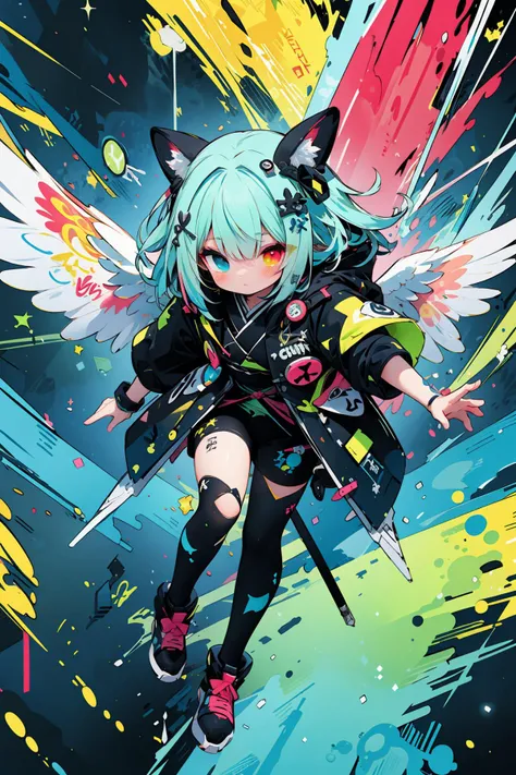 (masterpiece:1.3),(best quality:1.2),8k,absurdres,unity 8k wallpapper,(extremely detailed:1.3),highestres,solo, Eyelashes, close-up, Cyan, Green, Purple, pink, yellow, Blue, Wings, Dynamic Pose, floating, Fluorescent, UV, Surreal, (Graffiti:1.2), Stars,heterochromia, <lyco:UV_fluorescence-LyCORIS:0.6>, UV_fluorescence,(1girl:1.2), colorful,full body, floats over forest and stretches his body, <lora:mixed_patterns_of_text_and_emoji:0.5>, Qing Kung, <lora:绪å¿-è½»å_Qing_Kung:0.5>