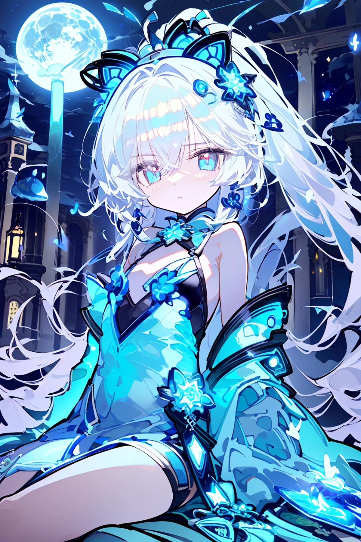masterpiece, flat chestbest quality},highres,solo,flat_chest,a girl inside the church with white hair and blue pupil surrounded by many glowing feathers in cold face,detailed face,night with bright colorful lights whith richly layered clouds and clouded moon in the detailed sky,a lot of glowing particles,high ponytail,mecha clothes,robot girl,cool movement,sliver bodysuit,filigree,delicate and (intricate) hair,((sliver)) and (broken) body,blue streaked hair,full body,Depth of field, sitting on a blue star <lora:Torino_V71:1>, anime, bright, <lora:anime_illustration_v1:1.0>, bioluminescent dress, <lora:bioluminescent_dress-1.0:0.3>