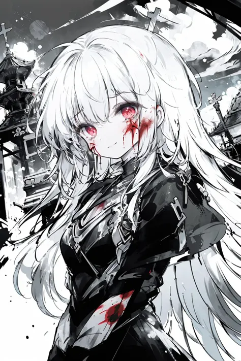 (thriller theme,bloody violence themes:1.3), good detailed, (glowing background), , masterpiece, best quality, wide-angle Hyperdetailed, masterpiece, 8k, natural lighting, soft lighting, sunlight, HDR (High Dynamic Range), Maximum Clarity And Sharpness, Multi-Layered Textures, looking at viewers,close to viewers,night,unholy, (faith of the deceased,absolutely malicious cult,human sacrifice ceremony,eerie black fog and blood mist,eerie frenetic smile:1.4),(severe bleeding, self-mutilation:1.4) 1 girl,upper body,perfect detailed eyes and face,frown,red eyes,white hair,skulls and bones theme's dressing,beautiful detailed black gothic dress,blood tears (a cult temple built entirely from human bones:1.4), (glowing eyes,messy long hair:1.5), lens flare,light leaks, <lyco:UV_fluorescence-LyCORIS:0.6>, UV_fluorescence,(1girl:1.2), <lora:mo:0.6>, <lora:Colorful portraits_20230715165729-000018:0.5>