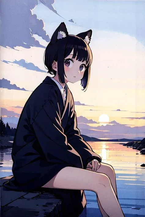 1girl, solo, faded, sitting on the shore, faded, (sumie, by yamamoto takato, by junji ito:1.0), draft, wind swept, animal ears, , award winning, cowboy shot, wide angle, best quality, masterpiece <lora:raphb_ratings:-0.8> <lora:add_detail:0.0> <lora:homebrew_chon:0.5>