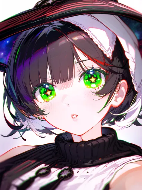 1girl, short hair, solo, white hair, chromatic aberration, simple background, looking at viewer, parted lips, depth of field, green eyes BREAK, <lora:colored_eyelashes000:1> green eyelashes <lora:color stroke_v1.03:1> red stroke, black hair, multicolored hair, split-color hair, star-shaped pupils, earrings, hat, turtleneck, sweater