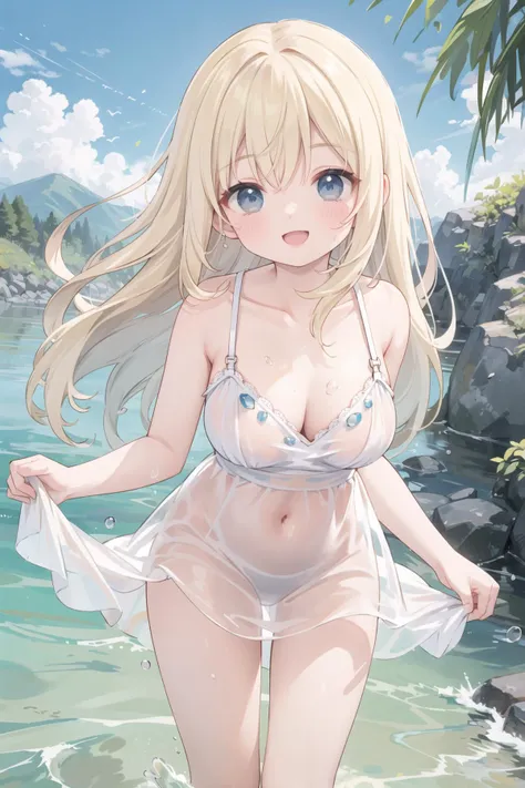 playing in the river in mountain, smile, standing, blonde hair, long hair, very fun, joyful, happy, cheerful, see-through white sundress, soaked, detailed brassiere in see-through white sundress, blue sky, splashing water