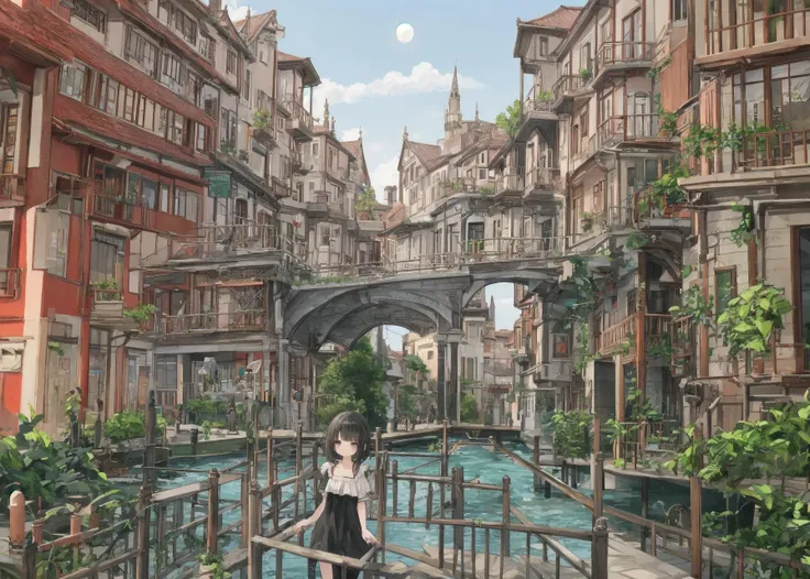 (best quality, masterpiece:1.3), (solo, smile, standing, looking at viewer, cowboy shot:0.5),
black dress, moonlight, stairs,
architecture, bridge, building, castle, chain-link fence, city, city lights, cityscape, day, east asian architecture, house, outdoors, river, road, sky, skyline, skyscraper,
BREAK
path, venice, tower, town, red roof, (1girl, blue eyes, blonde hair, medium hair:0.6), wakame, broken robot