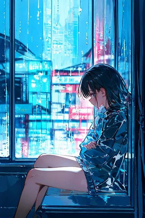 masterpiece, best quality, 1girl, <lora:FenW:1>,rain,on_side,window,sitting,solo,looking away