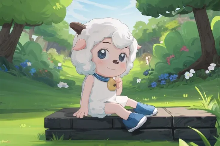 masterpiece, best quality, high detail, highres, ((huge cake with candles)), birthday cake, happy birthday, sitting under tree on grass, leaning against bush, anime, 1boy, Weslie, sheep, from side, [[looking at viewer]], light smile, huge cake on grass, dark, <lora:add_detail:1>, blue and white shoes, <lora:Weslie-v1-5:0.62>