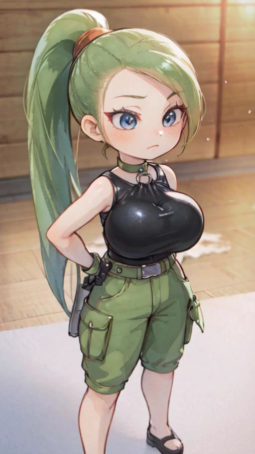 close up, kim possible, atb, gigantic breasts, [Chibi], female focus, 3d, [anime], 1girl, [kingdom hearts], hot top, watercolor, motion blur, <lora:ATBv1-4:0.5> <lora:BILv01:0.5> <lora:cleavagebulge2:0.3> <lora:ReaLora:0.8> <lora:Ann_Possible-DEF:0.5>, ponytail, <lora:DQ11JADE:0.8> jade (dq11), high ponytail, o-ring top