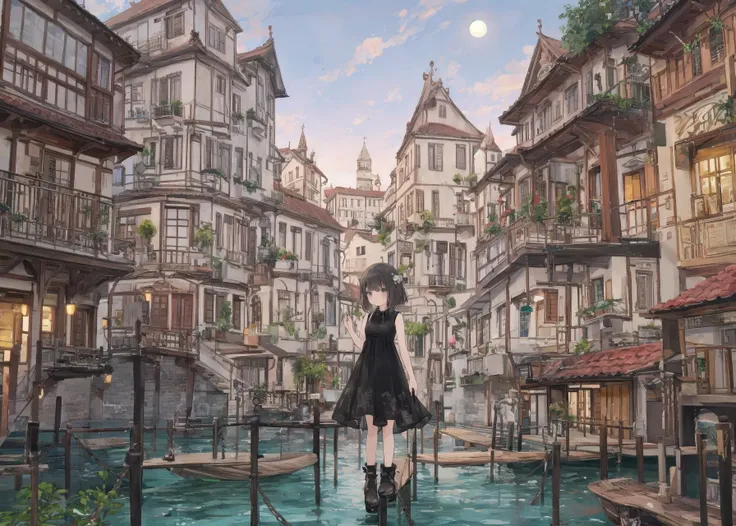(best quality, masterpiece:1.3), (solo, smile, standing, looking at viewer, cowboy shot:0.5),
black dress, moonlight, stairs,
architecture, bridge, building, castle, chain-link fence, city, city lights, cityscape, day, east asian architecture, house, outdoors, river, road, sky, skyline, skyscraper,
BREAK
path, venice, tower, town, red roof, (1girl, blue eyes, blonde hair, medium hair:0.6), wakame,