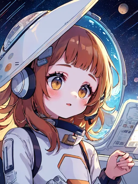 best quality, masterpiece, jp-j3a-1250 1girl, (style-swirlmagic:0.8), portrait, solo, from front, front view, (full body:0.6), looking down, detailed background, detailed face, (<lora:1970RetroFuturism:0.6>, 1970retrofuturism, 1970s theme:1.1), astronaut, wearing bulky black space suit, headset, techwear, lost in space, hair drifting, overwhelmed by the vastness of space, holo-projection, planetary research outpost in background, starlight, epic futuristic atmosphere, <lora:detail_slider_v4:2>