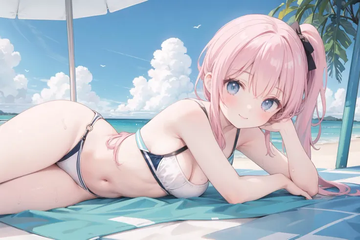 1girl,swimwear,Lower ponytail,smile,lying