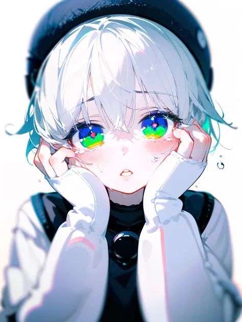 1girl, short hair, solo, white hair, chromatic aberration, simple background, looking at viewer, open mouth, parted lips, portrait, crying, straight-on, tears, close-up, depth of field, hands on own face, puffy long sleeves, green eyes, <lora:color stroke_v1.03:1> red stroke, sleeves past wrists, bell, best quality, high quality, masterpiece, highres, multicolored eyes, blue eyes, messy hair,