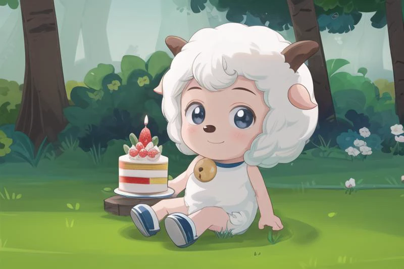 masterpiece, best quality, high detail, highres, ((huge cake with candles)), birthday cake, happy birthday, sitting under tree on grass, leaning against tree, anime, 1boy, Weslie, sheep, huge cake on grass, dark, bush, from side, [[looking at viewer]], light smile, <lora:add_detail:1>, blue and white shoes, <lora:Weslie-v1-5:0.62>, sheep nose