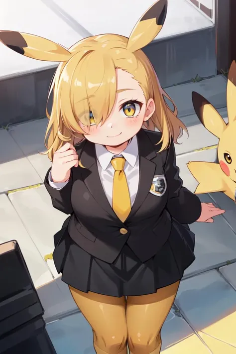 (best quality, masterpiece,cute, RAW photo,ultra-detailed:1.2), <lyco:GoodHands-beta2:1.0>,1girl,solo,looking at viewer, smile, (hair over right eye:1.2),
bags under eyes,Pikachu, school uniform, (Black jacket), tie, white shirt, red tie uder jacket, blonde hair,(Blackskirt),(yellow pantyhose stocking:1.5), <lora:Pikachu_v1-5:1>, high school,from above,