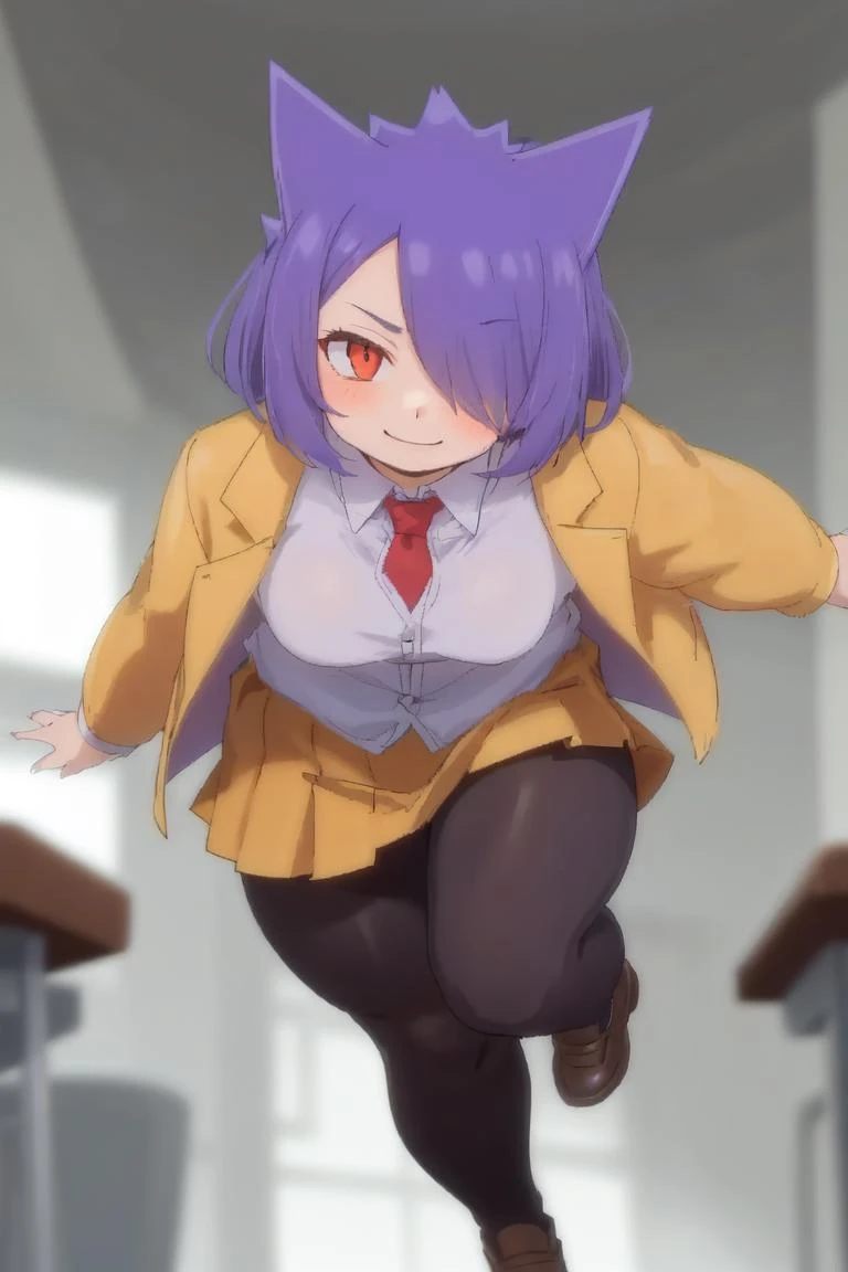 (best quality, masterpiece, RAW photo,ultra-detailed:1.2), <lyco:GoodHands-beta2:1.0>,1girl,solo,looking at viewer, smile, (hair over right eye:1.2),
bags under eyes,Gengar Pokemon, school uniform, yellow jacket, tie, white shirt, red tie uder jacket, purple hair,yellow skirt,(Black pantyhose stocking:1.2), <lora:Pokemon Gengar:0.9>, from below, high school,