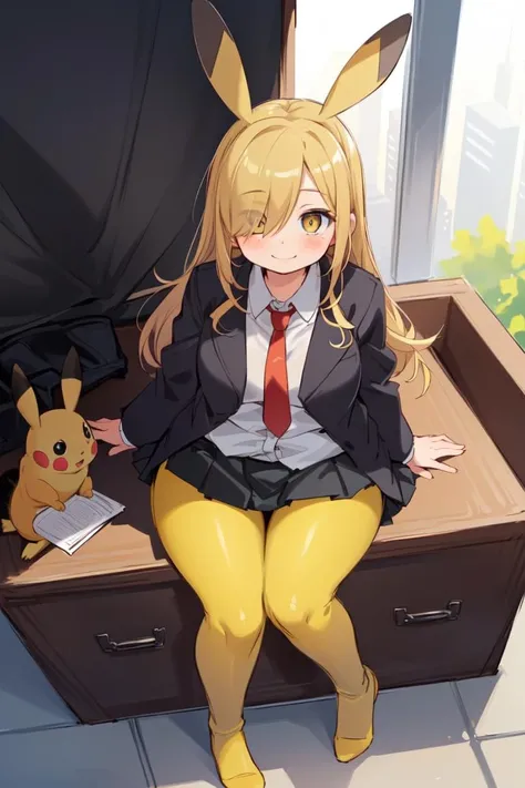 (best quality, masterpiece,cute, RAW photo,ultra-detailed:1.2), <lyco:GoodHands-beta2:1.0>,1girl,solo,looking at viewer, smile, (hair over right eye:1.2),
bags under eyes,Pikachu, school uniform, (Black jacket), tie, white shirt, red tie uder jacket, blonde hair,(Blackskirt),(yellow pantyhose stocking:1.5), <lora:Pikachu_v1-5:1>, high school,from above,chubby, <lora:hair_length_slider_v1:1>