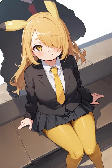 (best quality, masterpiece,cute, RAW photo,ultra-detailed:1.2), <lyco:GoodHands-beta2:1.0>,1girl,solo,looking at viewer, smile, (hair over right eye:1.2),
bags under eyes,Pikachu, school uniform, (Black jacket), tie, white shirt, red tie uder jacket, blonde hair,(Blackskirt),(yellow  pantyhose stocking:1.5), <lora:Pikachu_v1-5:1>,  high school,from above,