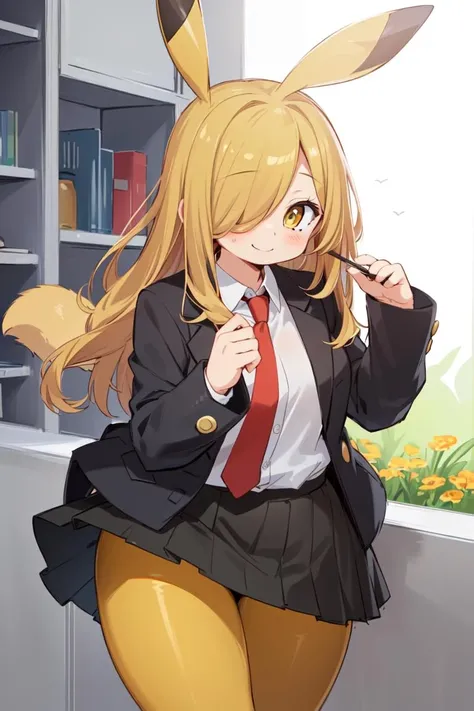 (best quality, masterpiece,cute, RAW photo,ultra-detailed:1.2), <lyco:GoodHands-beta2:1.0>,1girl,solo,looking at viewer, smile, (hair over right eye:1.2),
bags under eyes,Pikachu, school uniform, (Black jacket), tie, white shirt, red tie uder jacket, blonde hair,(Blackskirt),(yellow pantyhose stocking:1.5), <lora:Pikachu_v1-5:1>, high school,from above,chubby, <lora:hair_length_slider_v1:1>