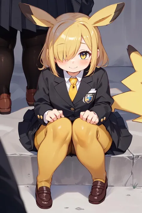 (best quality, masterpiece,cute, RAW photo,ultra-detailed:1.2), <lyco:GoodHands-beta2:1.0>,1girl,solo,looking at viewer, smile, (hair over right eye:1.2),
bags under eyes,Pikachu, school uniform, (Black jacket), tie, white shirt, red tie uder jacket, blonde hair,(Blackskirt),(yellow pantyhose stocking:1.5), <lora:Pikachu_v1-5:1>, high school,from above,