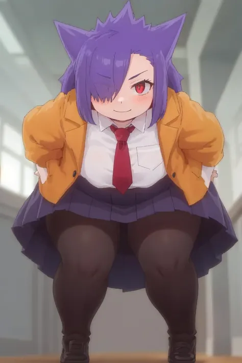 (best quality, masterpiece, RAW photo,ultra-detailed:1.2), <lyco:GoodHands-beta2:1.0>,1girl,solo,looking at viewer, smile, (hair over right eye:1.2),
bags under eyes,Gengar Pokemon, school uniform, yellow jacket, tie, white shirt, red tie uder jacket, purple hair,yellow skirt,(Black pantyhose stocking:1.2), <lora:Pokemon Gengar:0.9>, from below, high school,