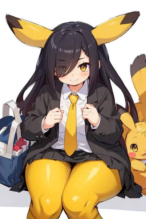 (best quality, masterpiece,cute, RAW photo,ultra-detailed:1.2), <lyco:GoodHands-beta2:1.0>,1girl,solo,looking at viewer, smile, (hair over right eye:1.2),
bags under eyes,Pikachu, school uniform, (Black jacket), tie, white shirt, red tie uder jacket, blonde hair,(Blackskirt),(yellow pantyhose stocking:1.5), <lora:Pikachu_v1-5:1>, high school,from above, chubby, <lora:hair_length_slider_v1:1>
