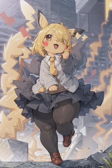 (best quality, masterpiece, RAW photo,ultra-detailed:1.2), <lyco:GoodHands-beta2:1.0>,1girl,solo,looking at viewer, smile, (hair over right eye:1.2),
bags under eyes,Pikachu, school uniform, Black jacket, tie, white shirt, red tie uder jacket, blonde hair,Black skirt,(yellow pantyhose stocking:1.2), from below, high school, beautiful, still,pikapoke, <lora:PIKAPOKE:1.2>