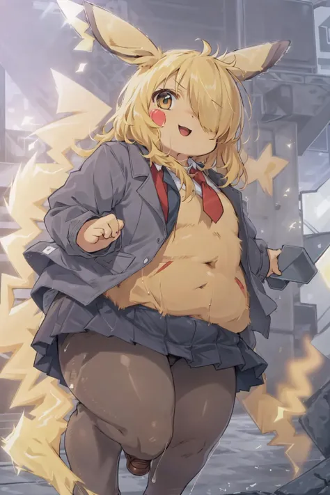 (best quality, masterpiece, RAW photo,ultra-detailed:1.2), <lyco:GoodHands-beta2:1.0>,1girl,solo,looking at viewer, smile, (hair over right eye:1.2),
bags under eyes,Pikachu, school uniform, Black jacket, tie, white shirt, red tie uder jacket, blonde hair,Black skirt,(yellow pantyhose stocking:1.2), from below, high school, beautiful, still,pikapoke, <lora:PIKAPOKE:1.2>