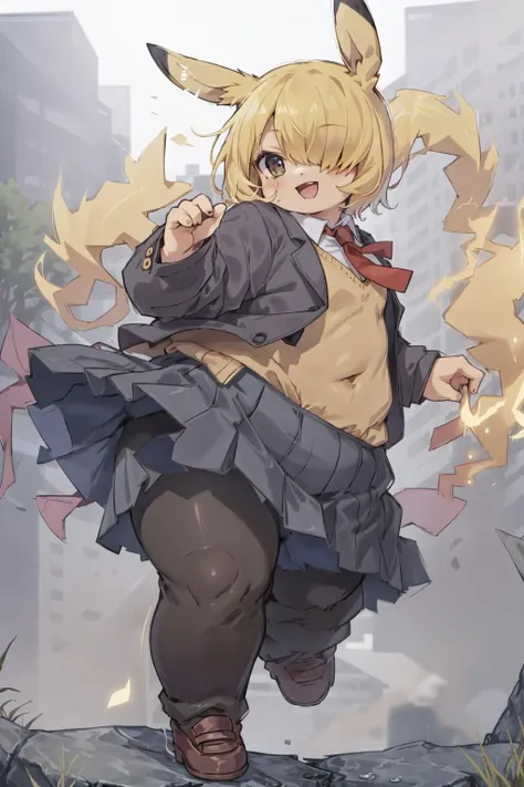 (best quality, masterpiece, RAW photo,ultra-detailed:1.2), <lyco:GoodHands-beta2:1.0>,1girl,solo,looking at viewer, smile, (hair over right eye:1.2),
bags under eyes,Pikachu, school uniform, Black jacket, tie, white shirt, red tie uder jacket, blonde hair,Black skirt,(yellow  pantyhose stocking:1.2), from below, high school, beautiful,  still,pikapoke, <lora:PIKAPOKE:1.2>