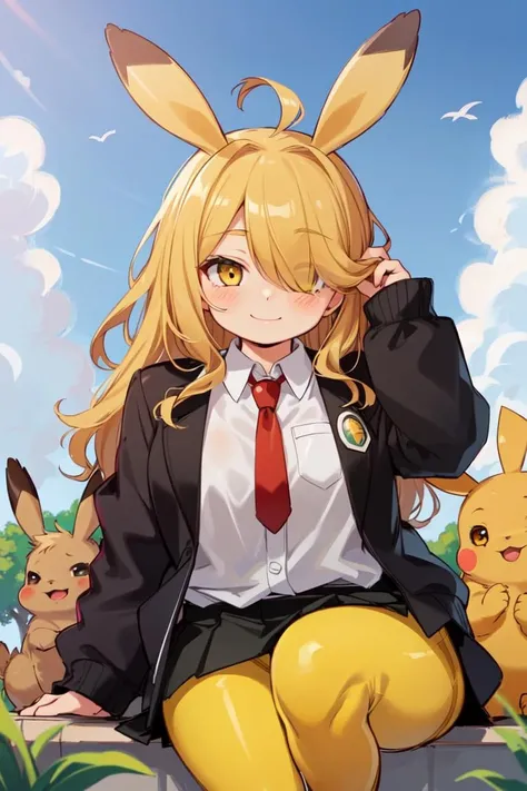 (best quality, masterpiece,cute, RAW photo,ultra-detailed:1.2), <lyco:GoodHands-beta2:1.0>,1girl,solo,looking at viewer, smile, (hair over right eye:1.2),
bags under eyes,Pikachu, school uniform, (Black jacket), tie, white shirt, red tie uder jacket, blonde hair,(Blackskirt),(yellow pantyhose stocking:1.5), <lora:Pikachu_v1-5:1>, high school,from above, chubby, <lora:hair_length_slider_v1:1>