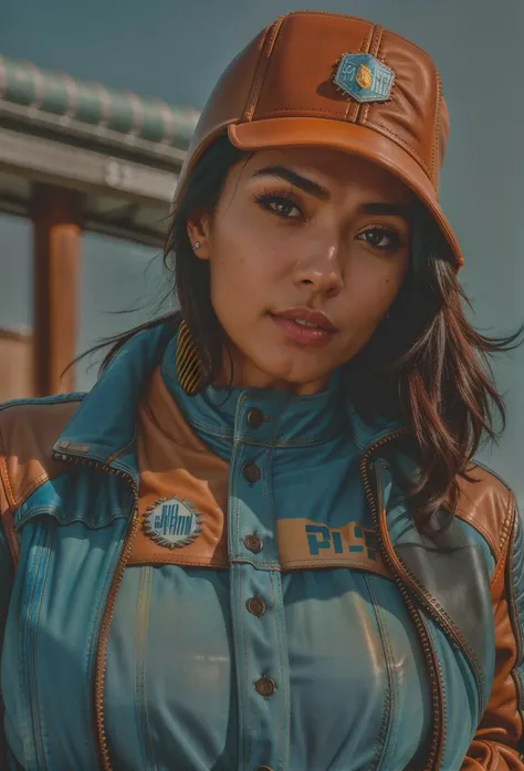 color professional photo of (EmmaBinnya:0.8), uhq, detailed face, piercing eyes, (wearing denim leather jacket with a polo shirt:1.4), best quality, ultra-detailed, solo, contrast, clear sky, analog style (look at viewer:1.2) (skin texture) (film grain:1.3), (Bronze hue, warm tone:1.1), close up, cinematic light, backlighting, ultra high res, best shadow, RAW
