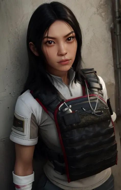 Yukiko, black hair, brown eyes, long hair, looking at viewer, swat vest, white undershirt, short sleeves, bandaged arm, facing viewer, serious, standing, white walls, underground, (insanely detailed, beautiful detailed face,beautiful detailed eyes, masterpiece, best quality), <lora:Yukiko:0.8> , pants, upper body,  serious,