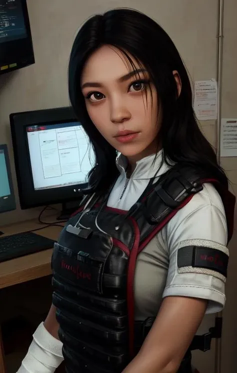Yukiko, black hair, brown eyes,  long hair, 
 looking at viewer, 
swat vest, white undershirt, short sleeves, bandaged arm, 
facing viewer,   
standing,  upper body,  
computer room, white walls, 
(insanely detailed, beautiful detailed face,beautiful detailed eyes, masterpiece, best quality),
 <lora:Yukiko:0.8>