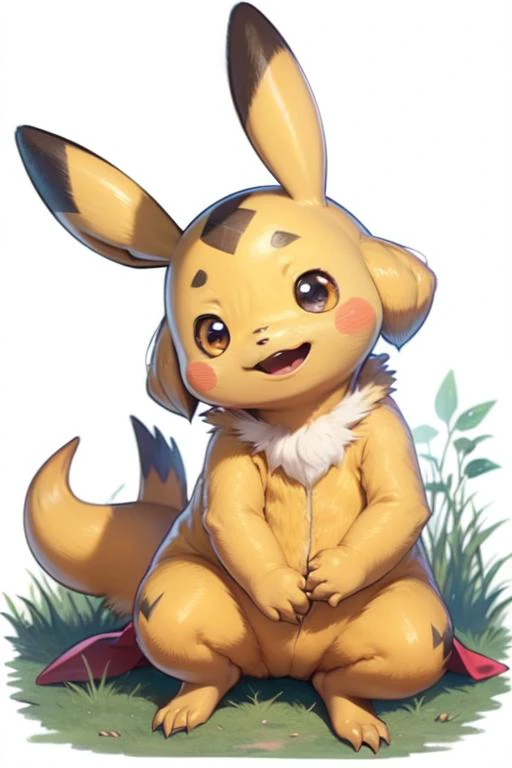 best quality, good quality, masterpiece, beautiful, movie still, cute  <lora:pikachu_v10:1.2> pikachu sitting, black eyes, yellow skin, monster, pokemon, species:pikachu, yellow tail,