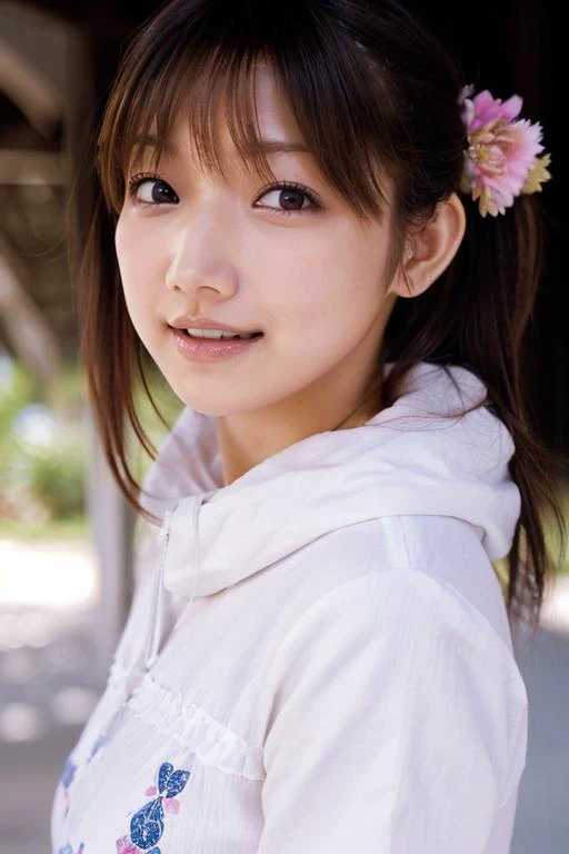 best quality, face focus, soft light, (depth of field) ,ultra high res, (photorealistic:1.4),, RAW portrait photo, GotouMaki outside, wearing white hoodie, flower in hair, LOVEMACHINE_STYLE_lora_01,<lora:GoMaki_03:0.6> GoMaki_03 <lora:Mild detail adjusterV10_4:0.6> <lora:Love_Machine_STYLE_lora_01:0.3> <lora:RR21_lora_02test:0.3> haze-light-1800, looking at camera