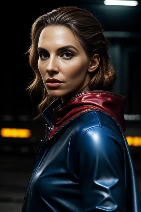 a realistic photograph of beautiful(Wh1tn3y:1.1) woman as a (fit and muscular:1.2)(Super villain:1.2),from the (future:1.2),at an (abandoned nuclear power station:1.2),wearing a (dark red polymer latex hero outfit:1.2) with (indigo carbon fiber flak jacket and cape:1.2),cosplay costume,(hero view angle),(dramatic action pose),photo realistic,IMAX,(highly detailed),(Award winning),(Masterpiece),(HDR),(8k wallpaper),colorful,vivid color,intricately detailed,looking_at_viewer,highres,absurdres,hyper realistic,UDH,kodachrome,depth_of_field,PA7_Portrait-MS,<lora:Wh1tn3y_01B-000002:1.0>,